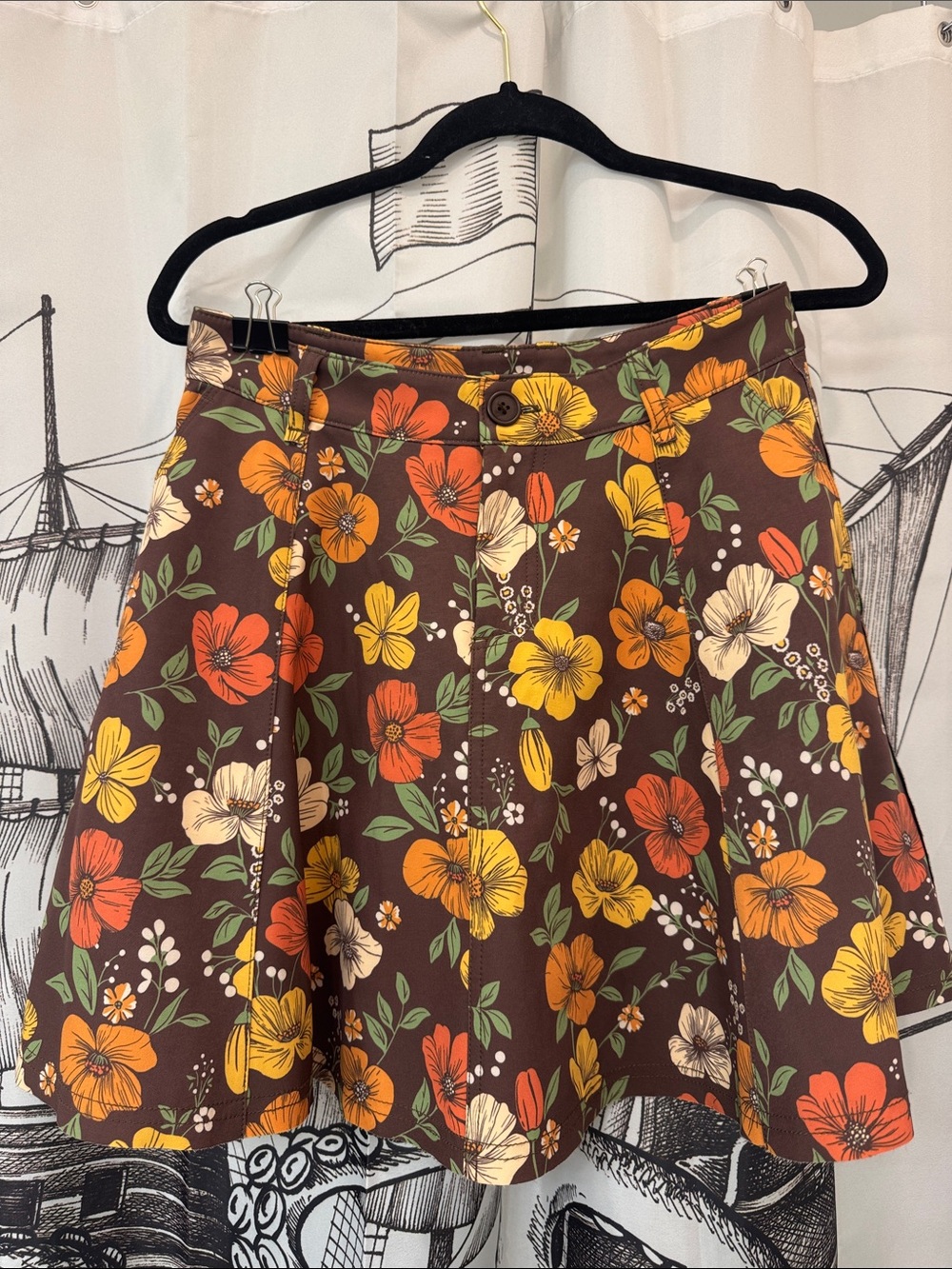 Free People Brown Floral A-Line Mini Skirt with Orange & Yellow Flowers